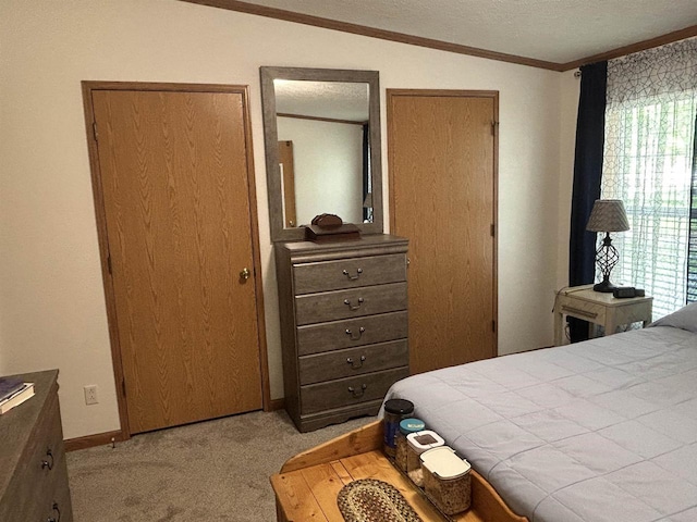 715 Oak St, Shawano, WI 54166 - bedroom featuring light colored carpet, ornamental molding, multiple windows, a textured ceiling, and baseboards