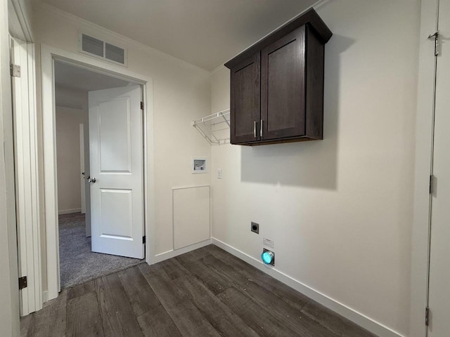 731 Sunset Blvd Unit 29, Wisconsin Dells, WI 53965 - laundry room featuring hookup for an electric dryer, hookup for a washing machine, dark wood-type flooring, baseboards, and crown molding