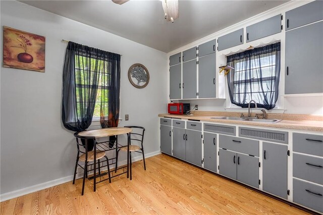623 Starr Ave, Eau Claire, WI 54703 - kitchen featuring a sink, gray cabinetry, light wood-type flooring, light countertops, and baseboards