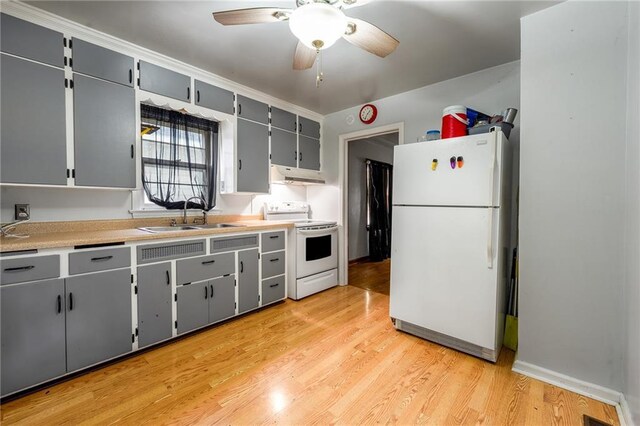 623 Starr Ave, Eau Claire, WI 54703 - kitchen with white appliances, a sink, gray cabinetry, under cabinet range hood, and ceiling fan