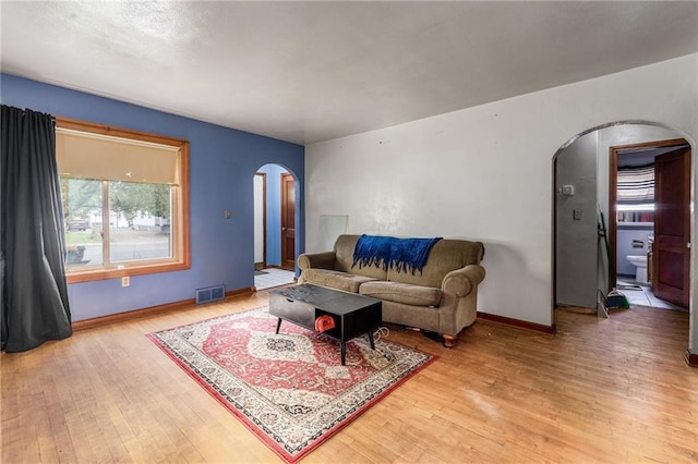 623 Starr Ave, Eau Claire, WI 54703 - living area featuring arched walkways, light wood-style flooring, and baseboards