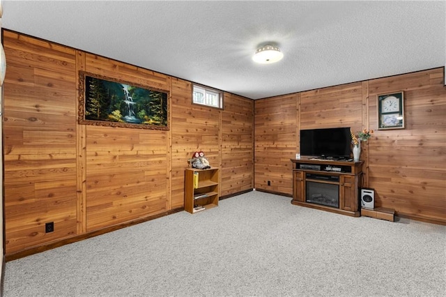 12924 Thomas St, Osseo, WI 54758 - unfurnished living room with wood walls, a textured ceiling, carpet flooring, and a fireplace