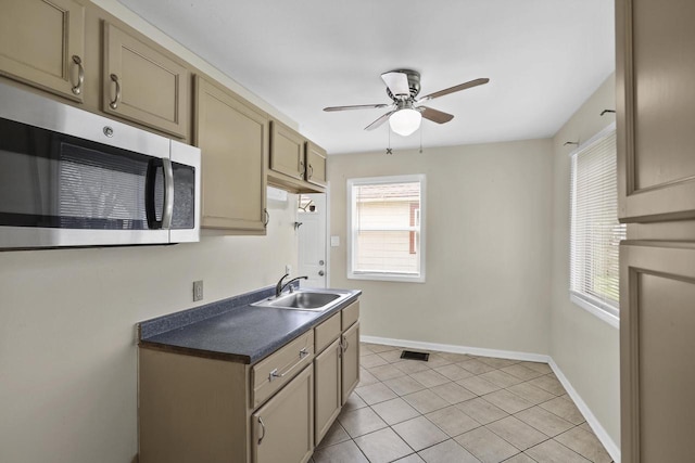 6170 N 36th St, Milwaukee, WI 53209 - kitchen with stainless steel microwave, a sink, a ceiling fan, dark countertops, and light tile patterned floors