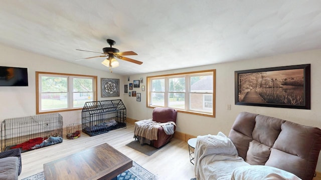 605 Monroe St, Fort Atkinson, WI 53538 - living area featuring wood finished floors, plenty of natural light, lofted ceiling, and a ceiling fan