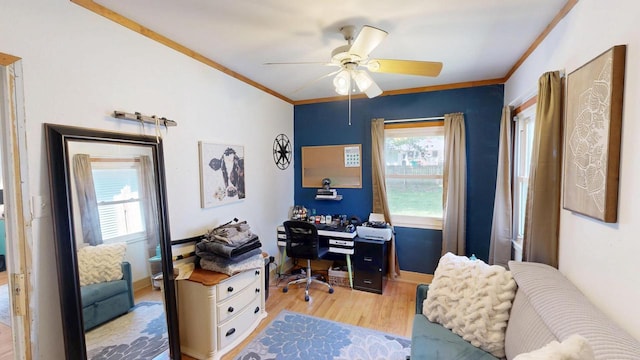 605 Monroe St, Fort Atkinson, WI 53538 - home office with light wood-style flooring, plenty of natural light, ceiling fan, crown molding, and baseboards