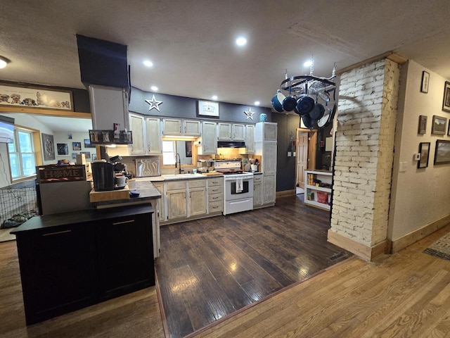 605 Monroe St, Fort Atkinson, WI 53538 - kitchen with electric range, a sink, dark wood finished floors, range hood, and baseboards