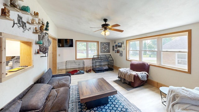 605 Monroe St, Fort Atkinson, WI 53538 - living room with wood finished floors, ceiling fan, and vaulted ceiling