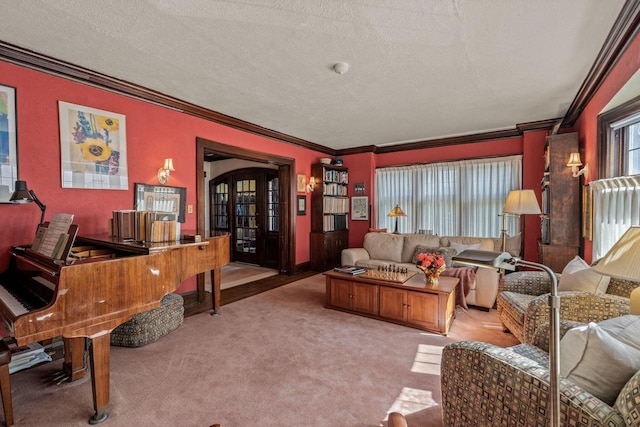 2615 N Summit Ave, Milwaukee, WI 53211 - living room featuring ornamental molding, carpet, and a textured ceiling