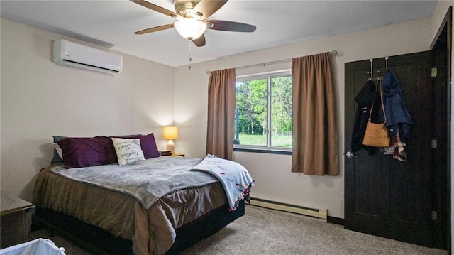 18925 63rd Ave Unit A1, Chippewa Falls, WI 54729 - bedroom featuring a baseboard radiator, an AC wall unit, carpet flooring, and ceiling fan