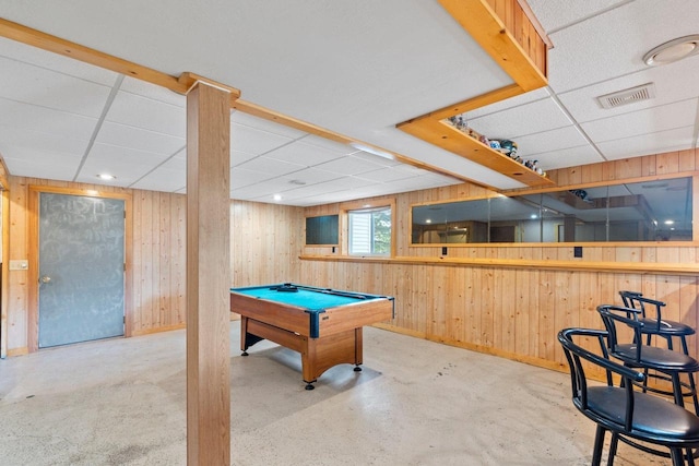 554 N Harvard Ave, Endeavor, WI 53930 - game room featuring a paneled ceiling, wooden walls, pool table, baseboards, and concrete flooring