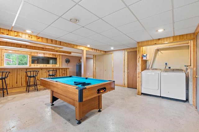 554 N Harvard Ave, Endeavor, WI 53930 - game room featuring washer and dryer, billiards, wood walls, a drop ceiling, and recessed lighting