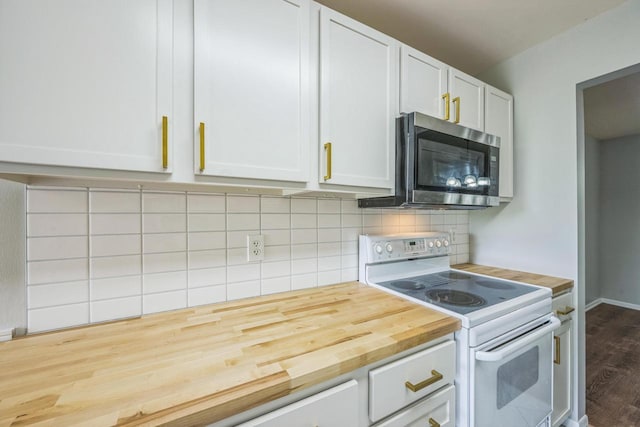 1402 Wheeler Rd Unit A, Madison, WI 53704 - kitchen featuring white electric stove, stainless steel microwave, butcher block countertops, wood finished floors, and tasteful backsplash