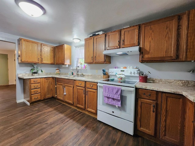 1130 10th St S, Wisconsin Rapids, WI 54494 - kitchen with white range with electric cooktop, under cabinet range hood, dark wood-type flooring, and a sink