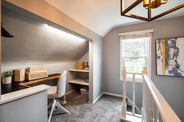 640 Crystal Ln, Elm Grove, WI 53122 - home office featuring vaulted ceiling, carpet floors, and baseboards