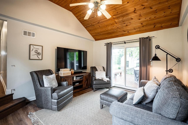 640 Crystal Ln, Elm Grove, WI 53122 - living room with wood finished floors, wooden ceiling, a ceiling fan, high vaulted ceiling, and baseboards