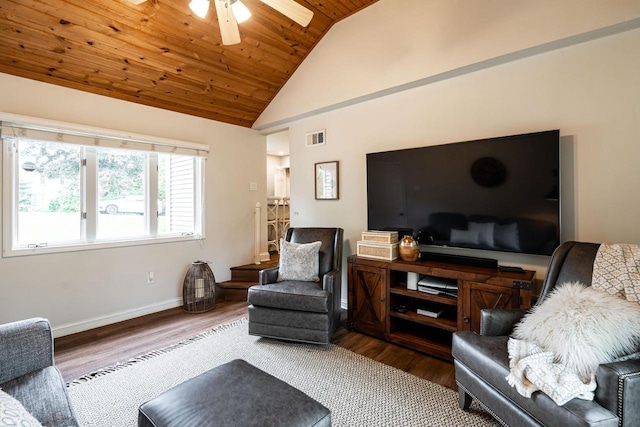 640 Crystal Ln, Elm Grove, WI 53122 - living area featuring wood ceiling, wood finished floors, a ceiling fan, baseboards, and high vaulted ceiling