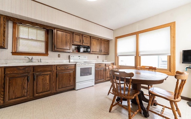 1816 Goodland Ave, Tomah, WI 54660 - kitchen with white range with electric cooktop, black microwave, light countertops, a sink, and light flooring