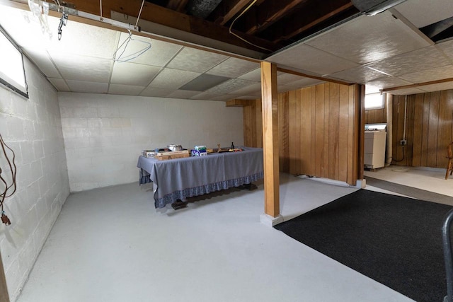 1816 Goodland Ave, Tomah, WI 54660 - finished basement with washer / dryer, a paneled ceiling, concrete block wall, wood walls, and billiards table