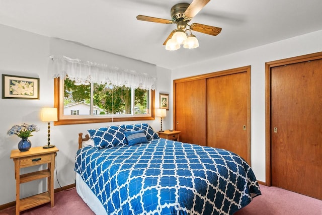 404 W Albert St, Portage, WI 53901 - carpeted bedroom featuring multiple closets, baseboards, and a ceiling fan