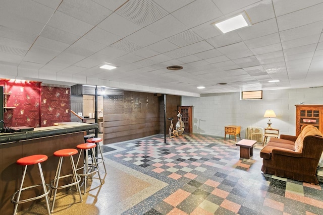 404 W Albert St, Portage, WI 53901 - finished basement with bar area, tile patterned floors, and concrete block wall