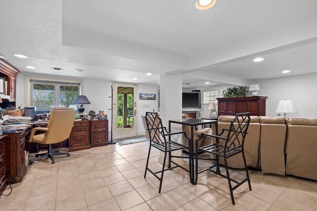 N26W30255 Maple Ave, Pewaukee, WI 53072 - dining room with light tile patterned flooring, recessed lighting, an office area, and a fireplace