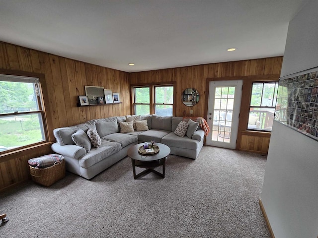 3609 Gregory St, Madison, WI 53711 - living room with carpet, wooden walls, and recessed lighting