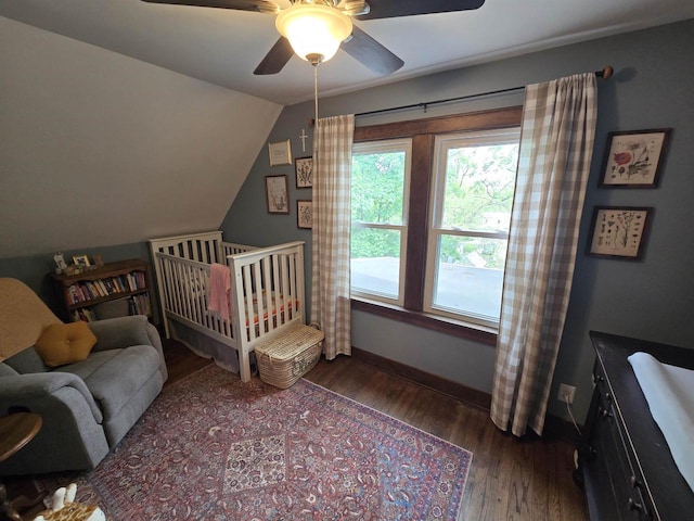 3609 Gregory St, Madison, WI 53711 - bedroom with baseboards, wood finished floors, vaulted ceiling, ceiling fan, and a nursery area
