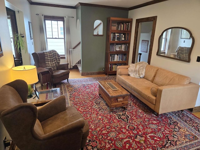 3609 Gregory St, Madison, WI 53711 - living area featuring wood finished floors, ornamental molding, stairway, and baseboards