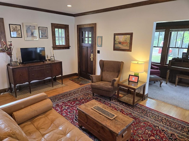 3609 Gregory St, Madison, WI 53711 - living area with hardwood / wood-style flooring, baseboards, recessed lighting, and crown molding