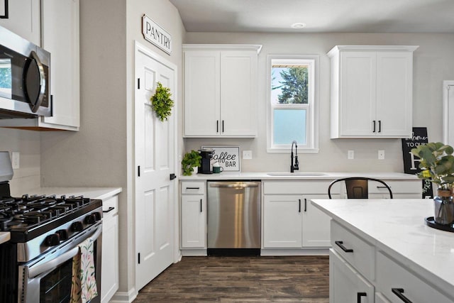 972 Margarets Way, Belleville, WI 53508 - kitchen with appliances with stainless steel finishes, a sink, white cabinetry, and dark wood finished floors