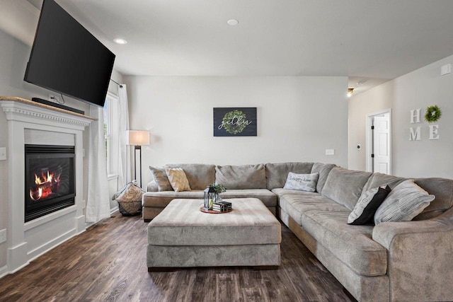972 Margarets Way, Belleville, WI 53508 - living area with dark wood-style flooring, a glass covered fireplace, and recessed lighting