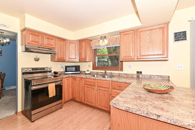 7538 S 74th St, Franklin, WI 53132 - kitchen featuring electric stove, under cabinet range hood, a sink, and light wood finished floors