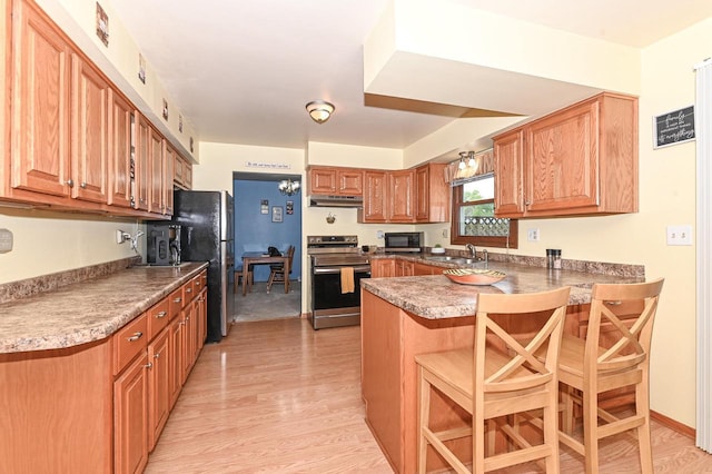 7538 S 74th St, Franklin, WI 53132 - kitchen with electric range, a sink, freestanding refrigerator, a peninsula, and under cabinet range hood