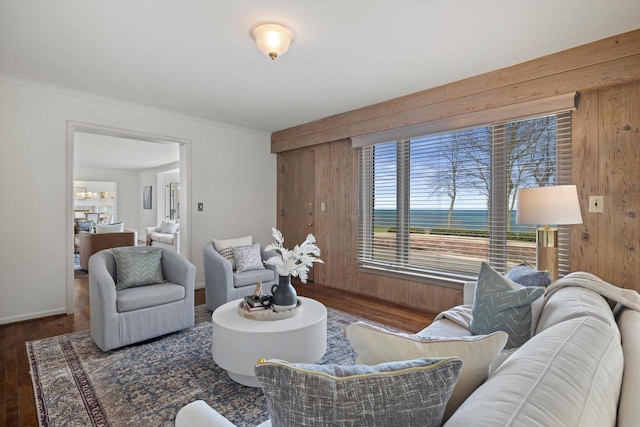 4696 N Lake Dr, Whitefish Bay, WI 53211 - living area with wood finished floors, wooden walls, crown molding, a water view, and baseboards