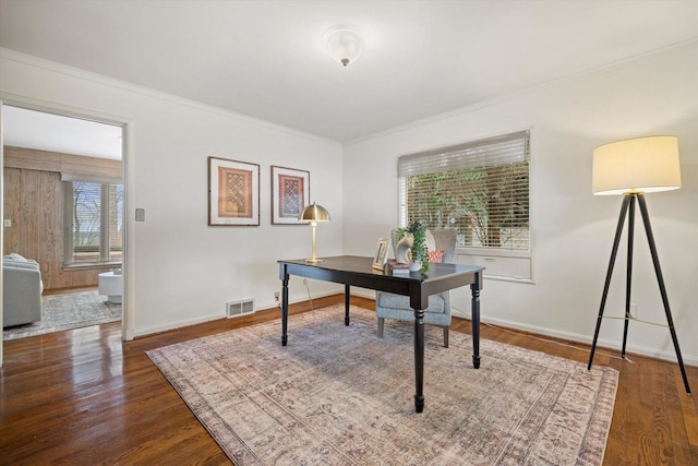 4696 N Lake Dr, Whitefish Bay, WI 53211 - office area featuring crown molding, wood finished floors, and baseboards