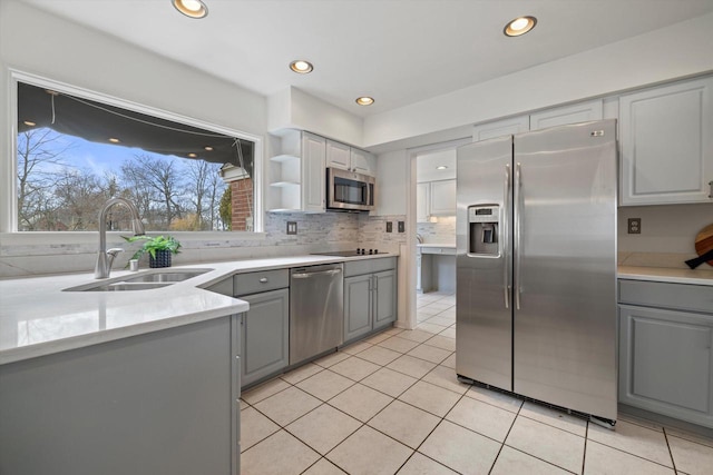 4696 N Lake Dr, Whitefish Bay, WI 53211 - kitchen featuring appliances with stainless steel finishes, gray cabinets, a sink, backsplash, and light countertops
