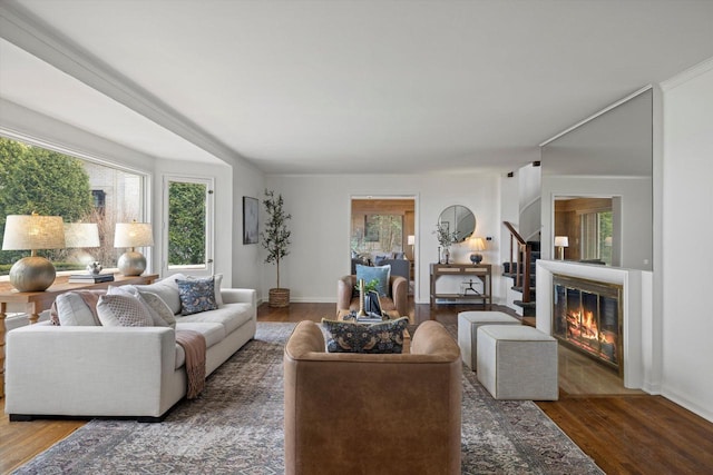 4696 N Lake Dr, Whitefish Bay, WI 53211 - living room featuring wood finished floors, stairway, and baseboards