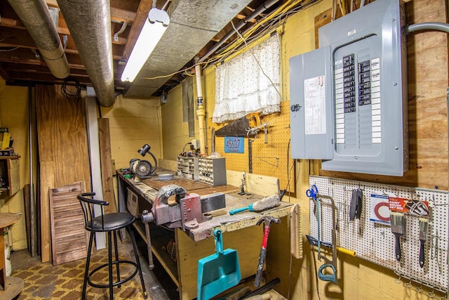 917 Whitewater Ave, Fort Atkinson, WI 53538 - basement with a workshop area, electric panel, and wood walls