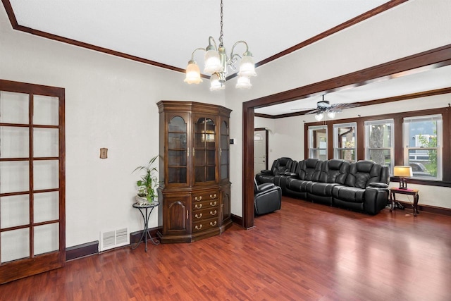 2049 S 77th St, West Allis, WI 53219 - living area with crown molding, wood finished floors, baseboards, a chandelier, and a ceiling fan