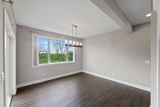 529 Century Oak Dr, Waukesha, WI 53188 - unfurnished room with baseboards, dark wood finished floors, a chandelier, and beam ceiling