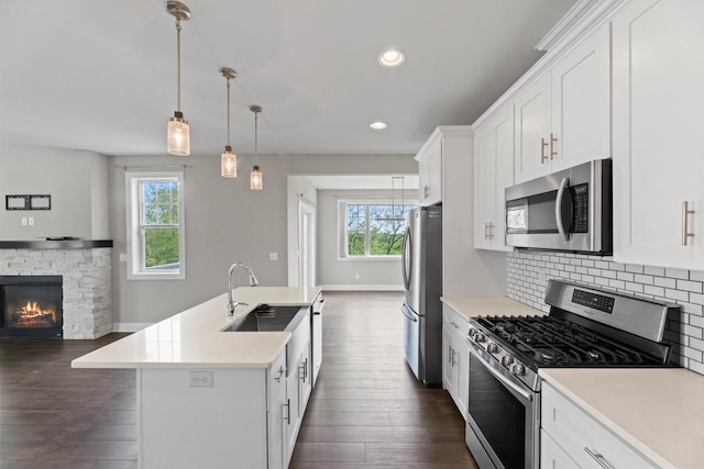 529 Century Oak Dr, Waukesha, WI 53188 - kitchen featuring stainless steel appliances, dark wood-type flooring, a fireplace, light countertops, and white cabinets