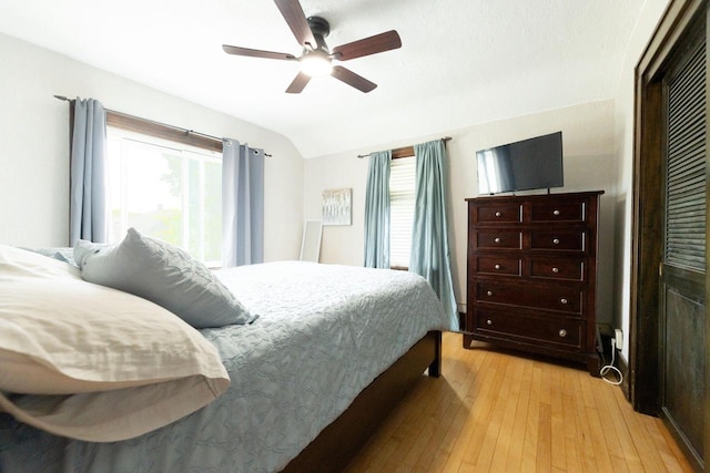 150 S James St, Waukesha, WI 53186 - bedroom with light wood-style floors, multiple windows, lofted ceiling, and a ceiling fan