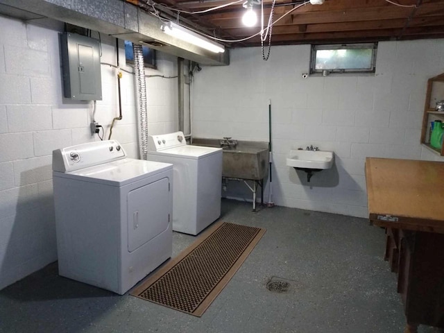 9446 W Lynx Ct, Milwaukee, WI 53225 - washroom featuring electric panel, washer and dryer, and concrete block wall