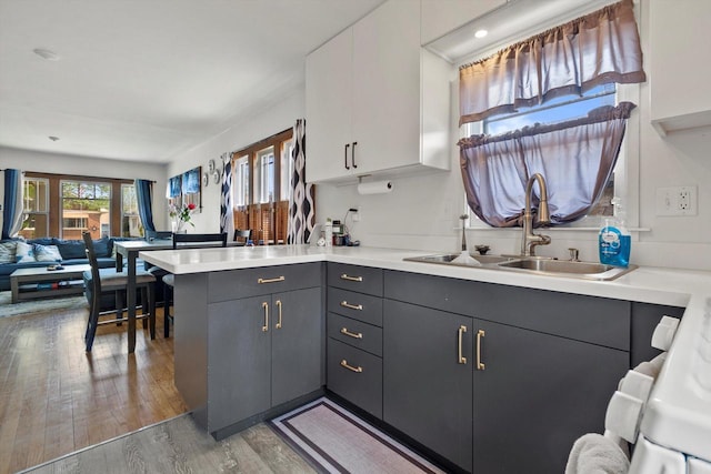 901 William St, Racine, WI 53402 - kitchen featuring a sink, a peninsula, open floor plan, light countertops, and light wood-style flooring