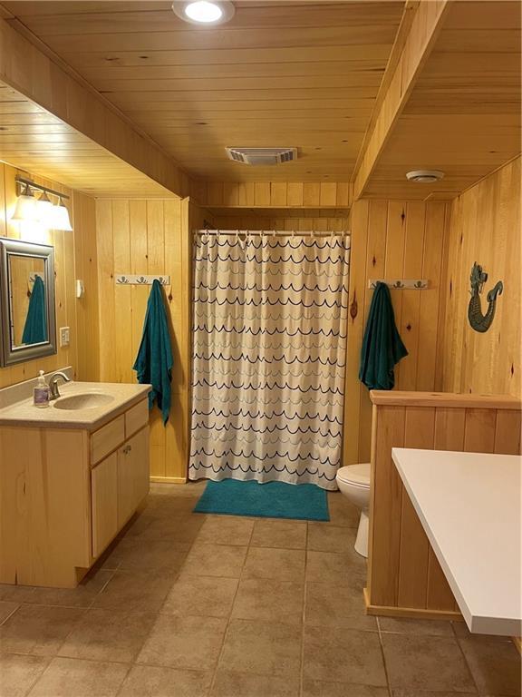 1762 Wilson Ave, Menomonie, WI 54751 - full bathroom with vanity, wood ceiling, toilet, wood walls, and tile patterned flooring