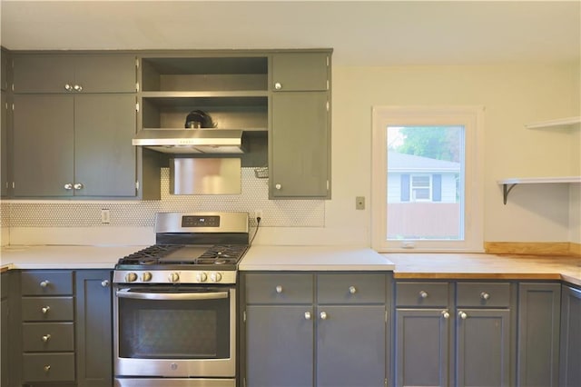 3053 Jupiter Ave, Eau Claire, WI 54703 - kitchen with gas range, open shelves, under cabinet range hood, and gray cabinets