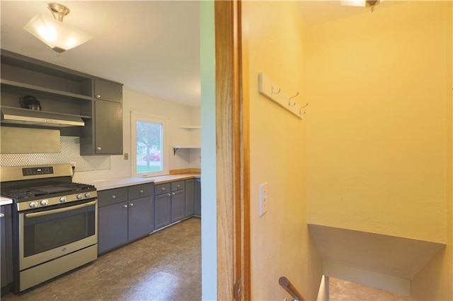 3053 Jupiter Ave, Eau Claire, WI 54703 - kitchen with gas range, open shelves, extractor fan, gray cabinets, and decorative backsplash