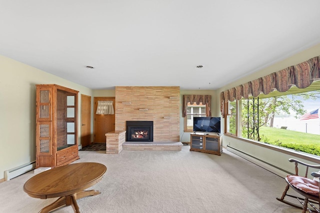 5743 Island View Ct, Waterford, WI 53185 - carpeted living area with baseboard heating and a fireplace