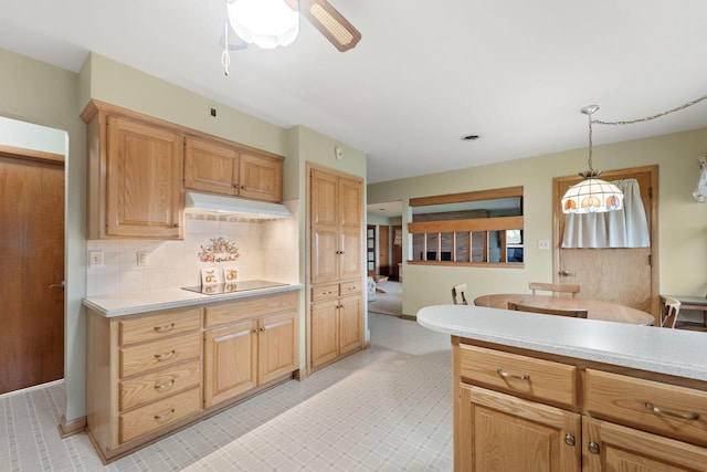 5743 Island View Ct, Waterford, WI 53185 - kitchen featuring under cabinet range hood, black electric cooktop, light countertops, and decorative backsplash