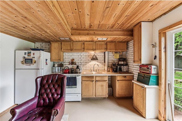 2322 243rd Ave, Cushing, WI 54006 - kitchen with wood ceiling, white appliances, a sink, light countertops, and brown cabinetry